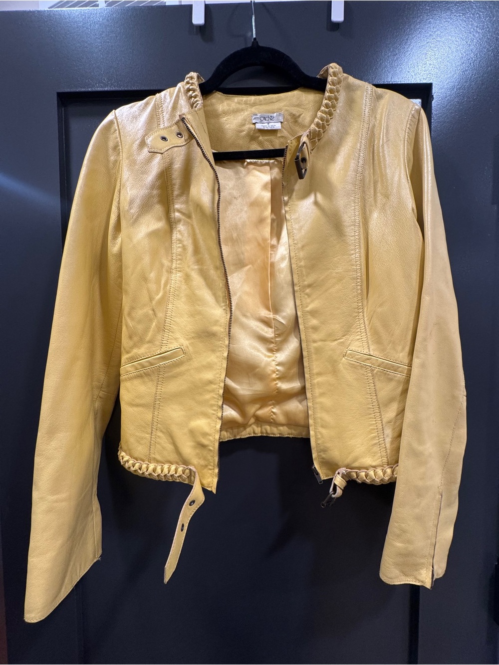 Cache Yellow Leather Braid-Trim Moto Jacket